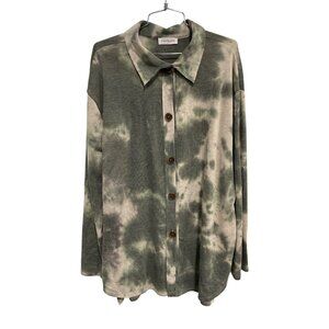 First Love by Lovelyn Shacket Plus Size 3X Tie Dye Button Up Long Sleeve Green